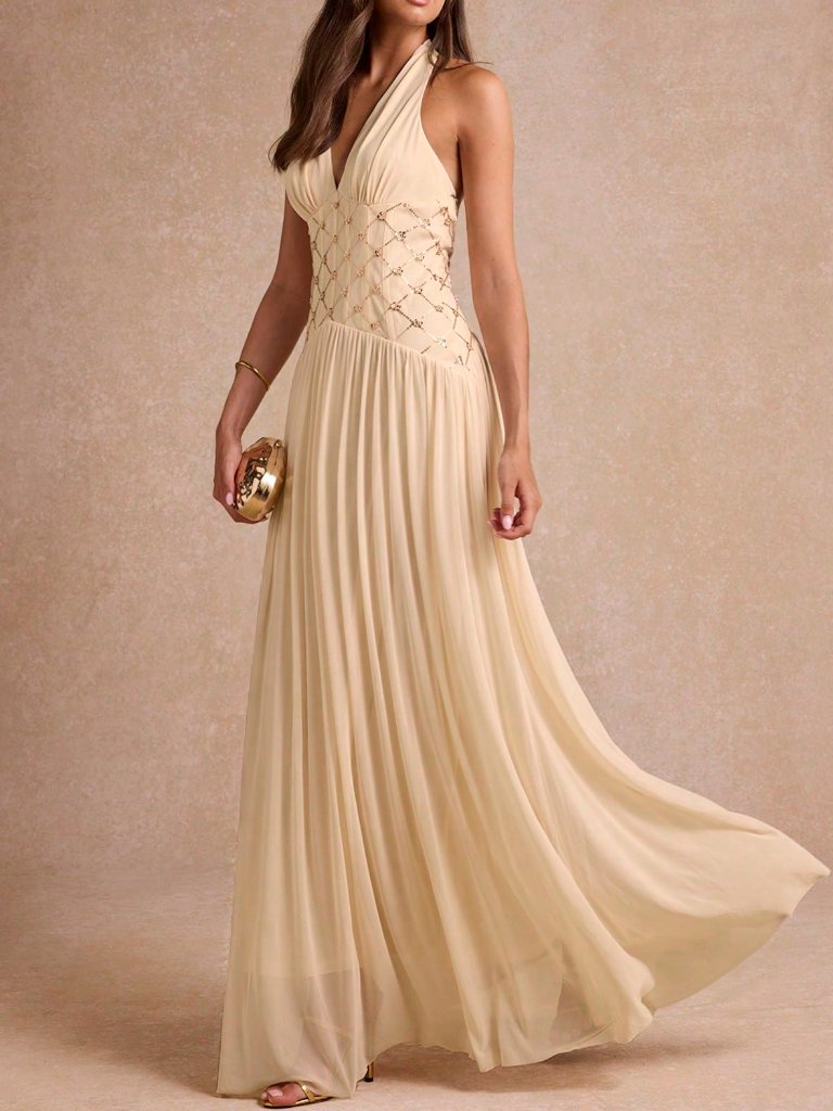 Apricot Elegant Womens Premium Romantic Elegant Sequin Detail Pleated Maxi Dress